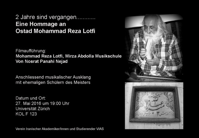 invito per la proiezione di " Mohammad Reza Lotfi Mirza Adolla Musikschule" di Nosrat Panahi Nejad